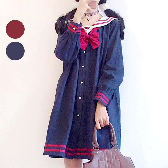 スクール風 セーラーカラー 長袖 ライン入り オーバー ワンピ ワンピース 学校 リボン 学生服 送料無料 G Shiawase Clothes 通販 Yahoo ショッピング
