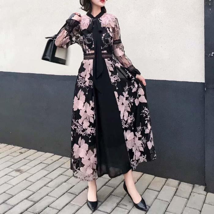 お1人様1点限り レースワンピース ロング丈 長袖 春夏 春 夏 秋 ピンク ブラック 切り替え フラワー 送料無料 超特価激安 Www Doctor Plan Com