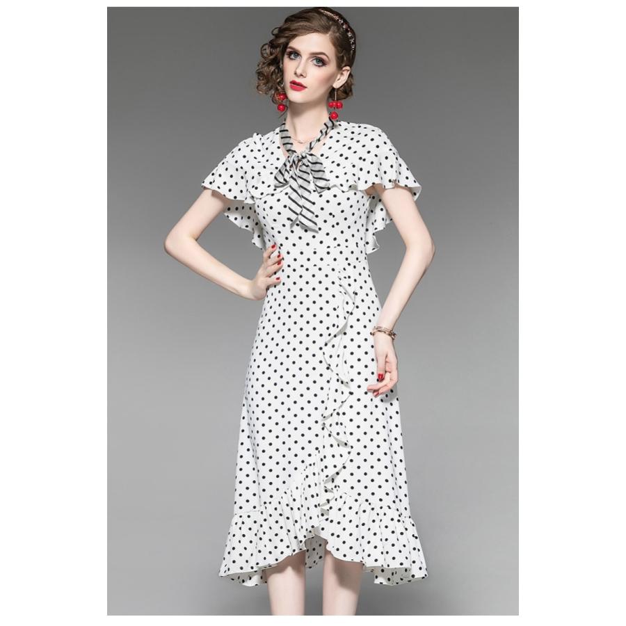 新しいコレクション レディース ファッション シフォンワンピースドット柄 水玉柄 ワンピース リボン襟 マーメイド 送料無料 送料込 Www Doctor Plan Com