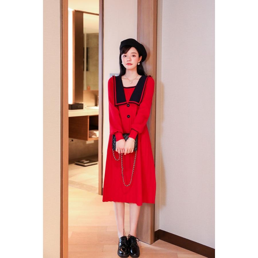 21 新作 ドレス デート ネイビー レッド 無地 ミディ丈 襟付き プリーツ 結婚式 送料無料 ワンピース レディース 大きいサイズ 演奏会 ワンピース 発表会 ピアノ 大人 ワンピース チュニック Gein Vn