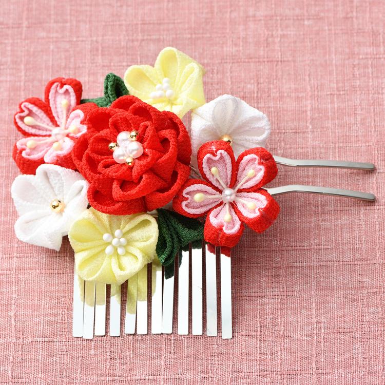 つまみ細工 お花のかんざし 手作りキット かれん 赤 ちりめん手芸