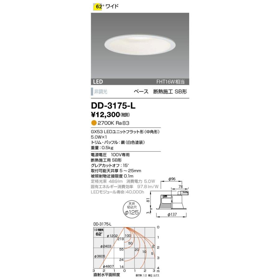 DD-3175-L 山田照明 POD4 flatunit（ポッド4・フラットユニット） ダウンライト 高気密SB形切込穴寸法 φ125mm   FHT16W相当