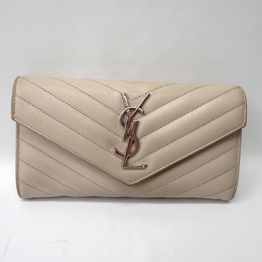 未使用YVES SAINT LAURENTレザー二つ折り財布　BEIGE　箱付き SAINT LAURENT ベージュ 二つ折り財布