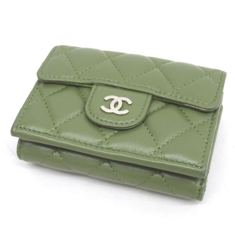 CHANEL】スモールフラップウォレット 三つ折り財布 ラムスキン カーキ