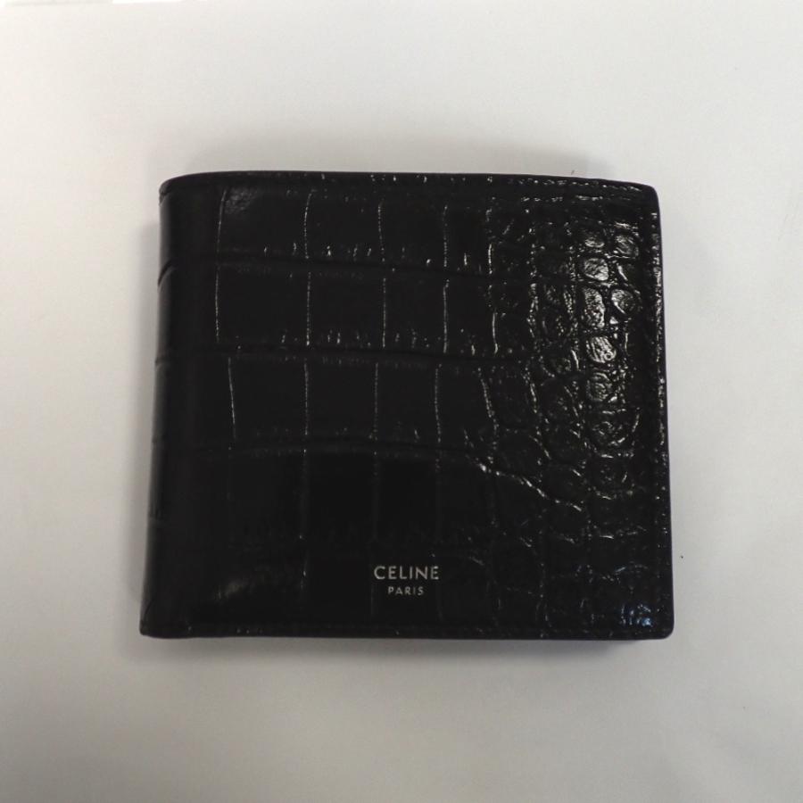 【極美品】セリーヌ 二つ折り財布 クロコ型押し バイフォールドウォレット 黒 CELINE（セリーヌ） 二つ折り財布 10C873CUX.38SI メンズ 小銭入れあり