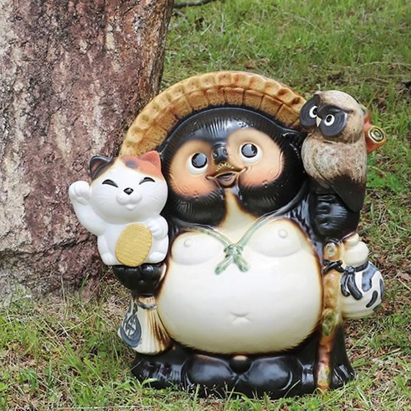 信楽焼 11号ふくろう招き猫持ち狸 たぬき タヌキ 狸 開運 縁起物