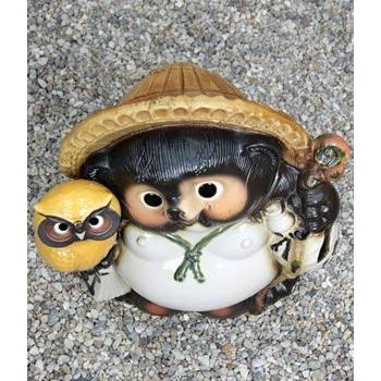 陶器 たぬきの置物 提灯付き　縁起物 信楽焼 17号黄ふくろう持ち狸 たぬき タヌキ 開運 縁起物 可愛い 陶器