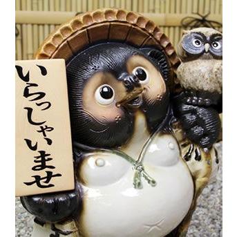 信楽焼 たぬき 狸 「 狸庵 」置物 オブジェ 庭 縁起物 開運 信楽焼 17号ふくろう付き表札狸 名前入れ 福を呼ぶ縁起物 たぬき