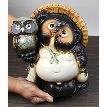 信楽焼 8号ふくろう持ち狸(青色) たぬき ふくろう 狸 開運 縁起物