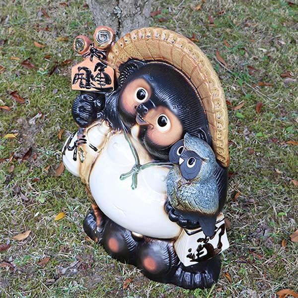 信楽焼 20号青ふくろう持ち開運狸 たぬき タヌキ 開運 縁起物 可愛い