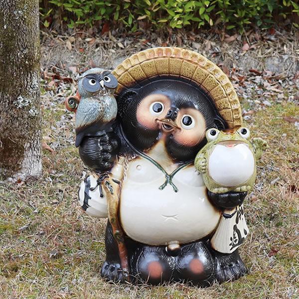 信楽焼 20号福招き蛙ふくろう持ち狸 たぬき タヌキ 開運 縁起物 可愛い