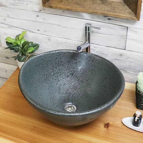 信楽焼 手洗い鉢 洗面ボウル 洗面ボール 陶器 手洗い器 洗面台 リフォーム 和風 洗面シンク DIY おしゃれ 黒斑点変形(大型) tm-4121