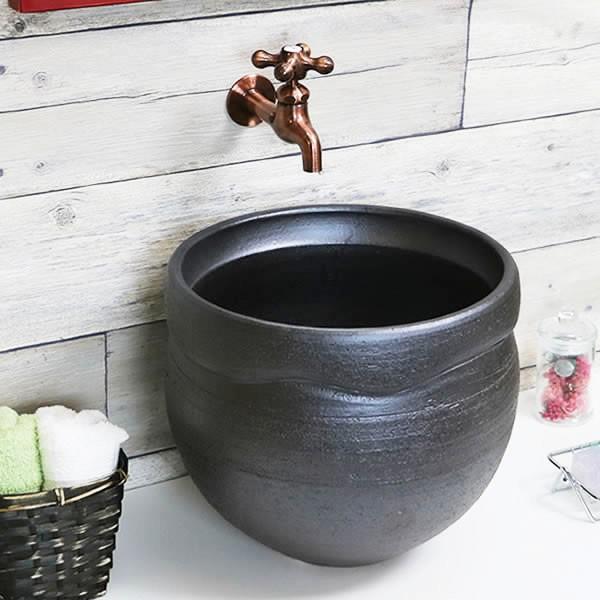 陶器鉢洗面ボウル洗面ボールtr 11 洗面ボールボール深型黒トイレ用陶器洗面台 Tr 11 しがらき洗面鉢トイレ用手洗器手洗い器黒手洗鉢洗面 器黒色信楽焼手洗い鉢