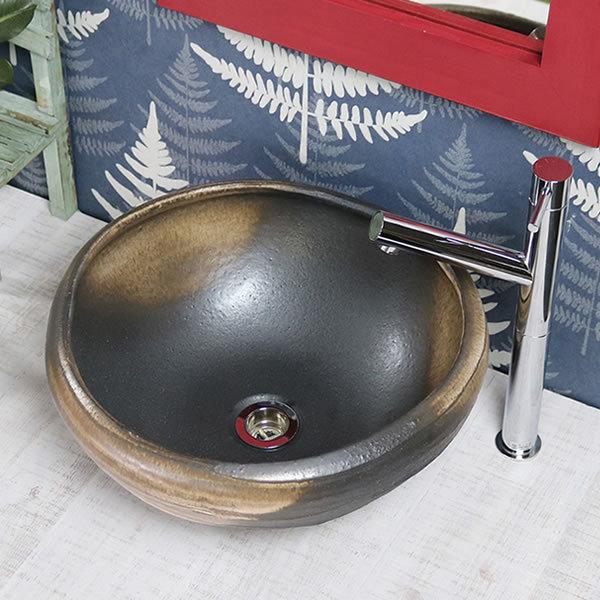 信楽焼 手洗い鉢 洗面ボウル 洗面ボール 陶器 手洗い器 洗面台 トイレ リフォーム 和風 シンク DIY おしゃれ 茶ぼかしたわみ(小型) tr-2278