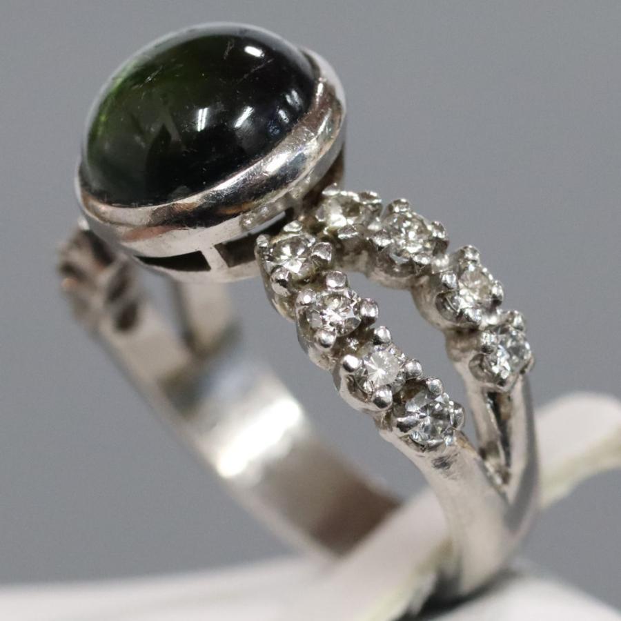 天然グリーントルマリンキャッツアイ、ダイアモンドリング