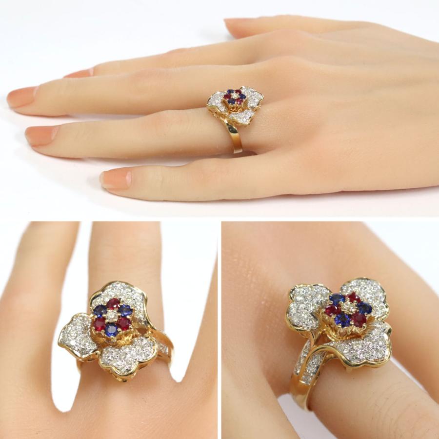 K18ルビーサファイアダイヤモンドリング フラワーモチーフ D0.65