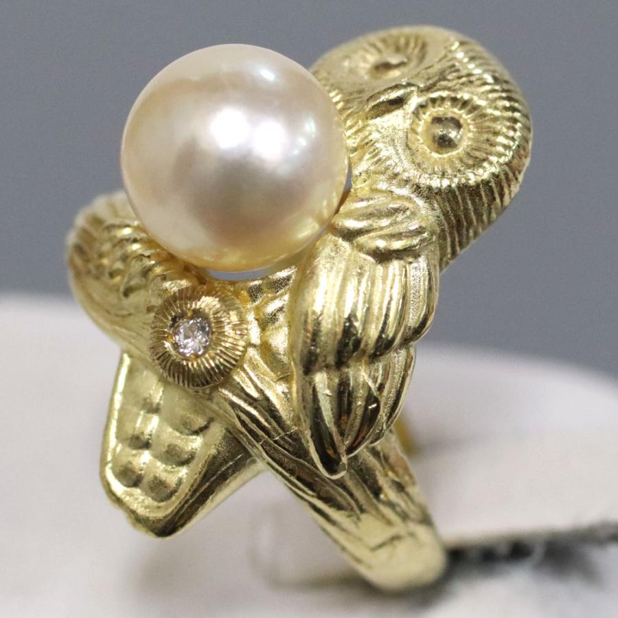 K18パールダイヤモンドリング フクロウモチーフ D0.01 7.1g #10.5  