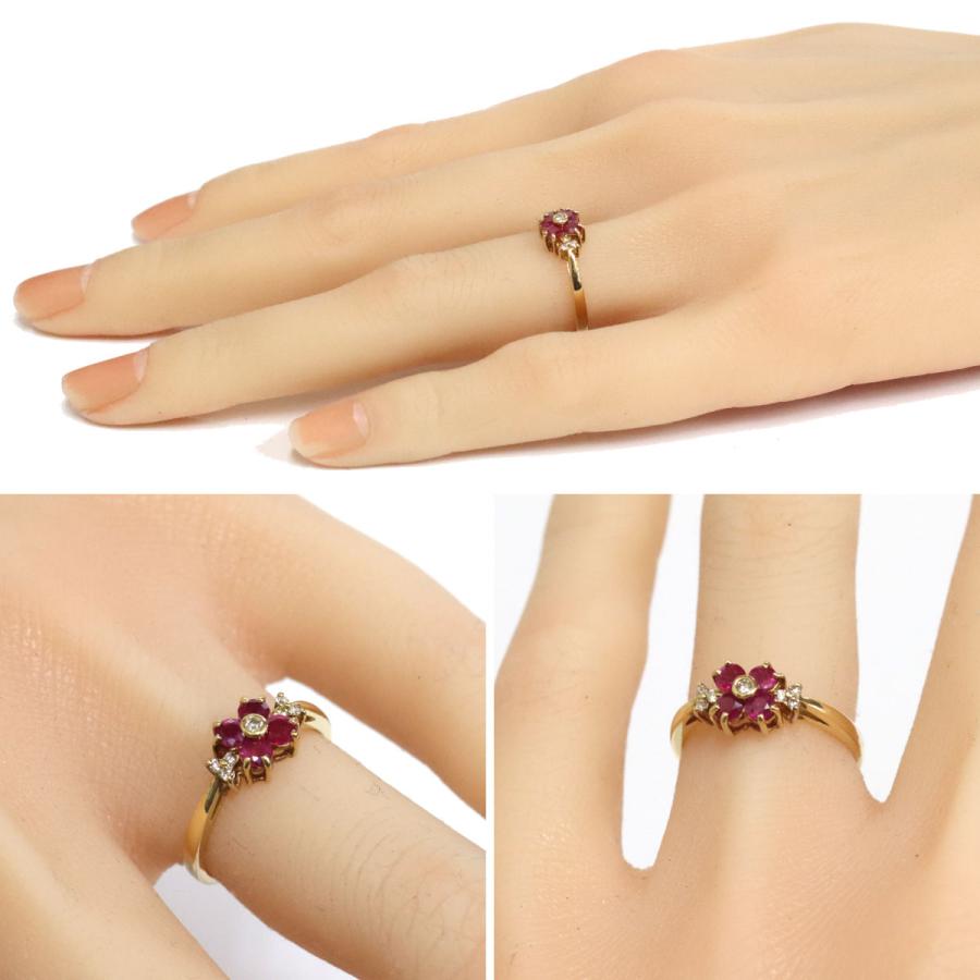 K18ルビーダイヤモンドリング フラワーモチーフ R0.50 D0.07 2.2g #9.5