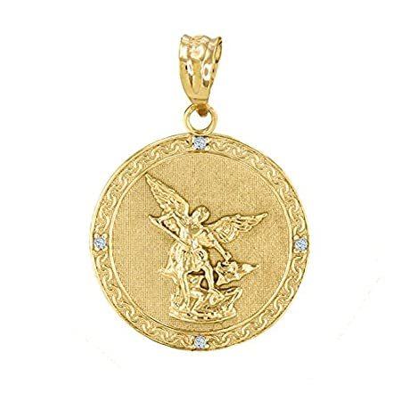 【メール便送料無料対応可】 14 KイエローゴールドSaint Archangelダイヤモンドメダルペンダント(1.14 ") the Michael ネックレス、ペンダント