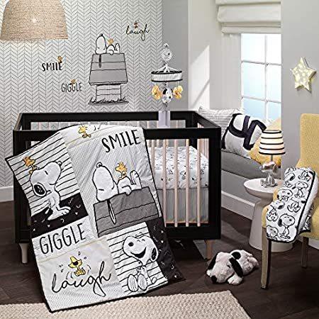 最新最全の Baby 3-Piece White/Black/Gray Snoopy Classic Ivy & Lambs Crib Set Bedding ベビーベッド