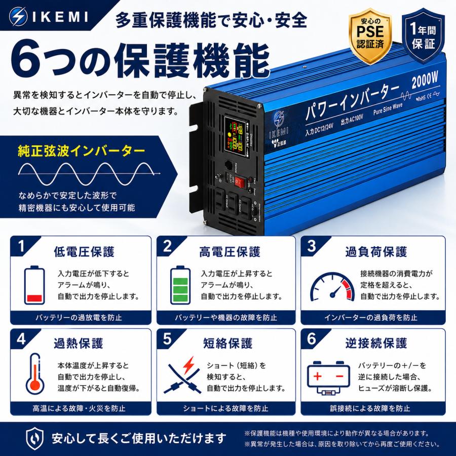 IKEMI 純正弦波インバーター 2000W DC12V/DC24V AC100V 最大4000W 車