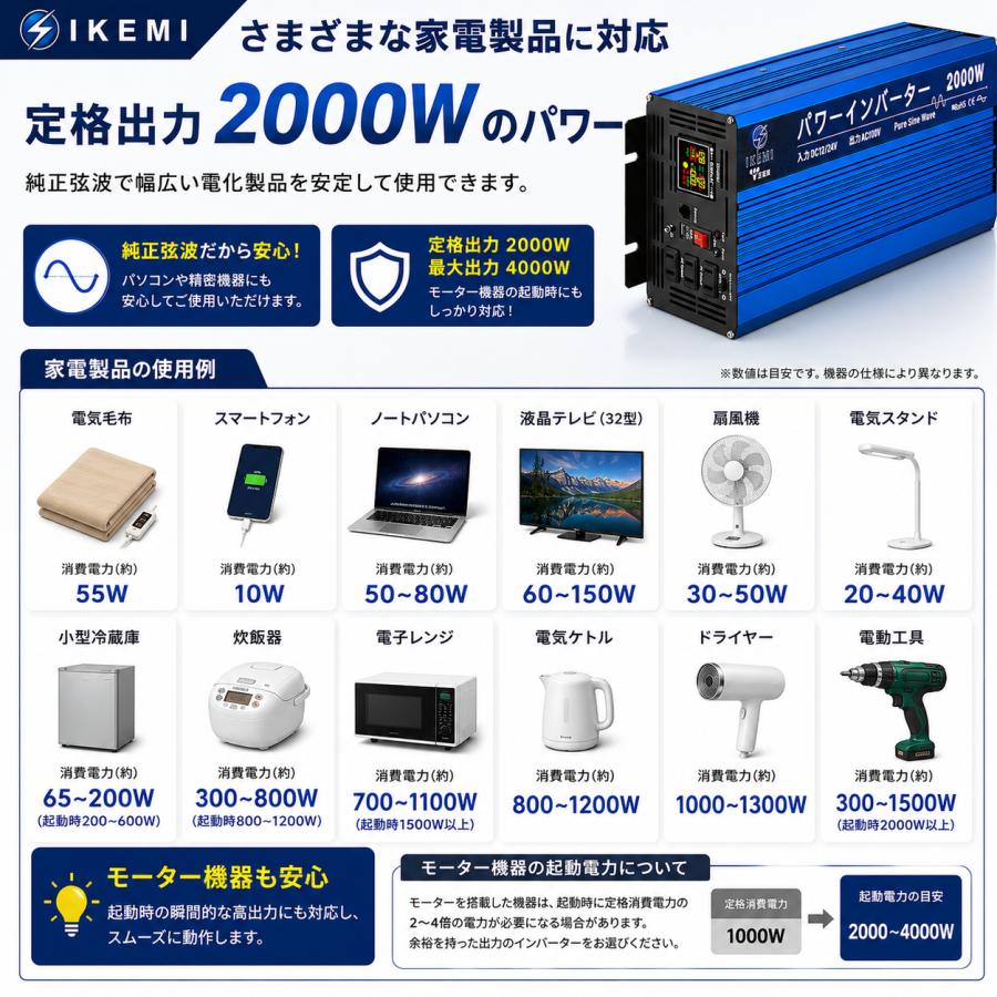 IKEMI 純正弦波インバーター 2000W DC12V/DC24V AC100V 最大4000W 車
