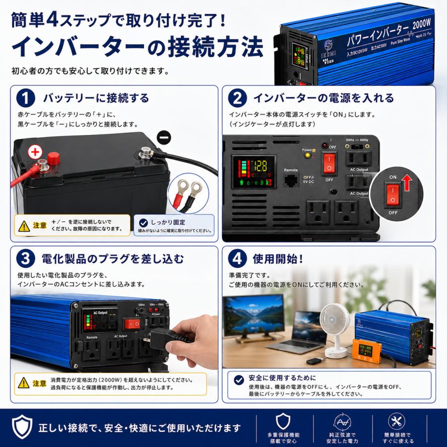 IKEMI 純正弦波インバーター 2000W DC12V/DC24V AC100V 最大4000W 車