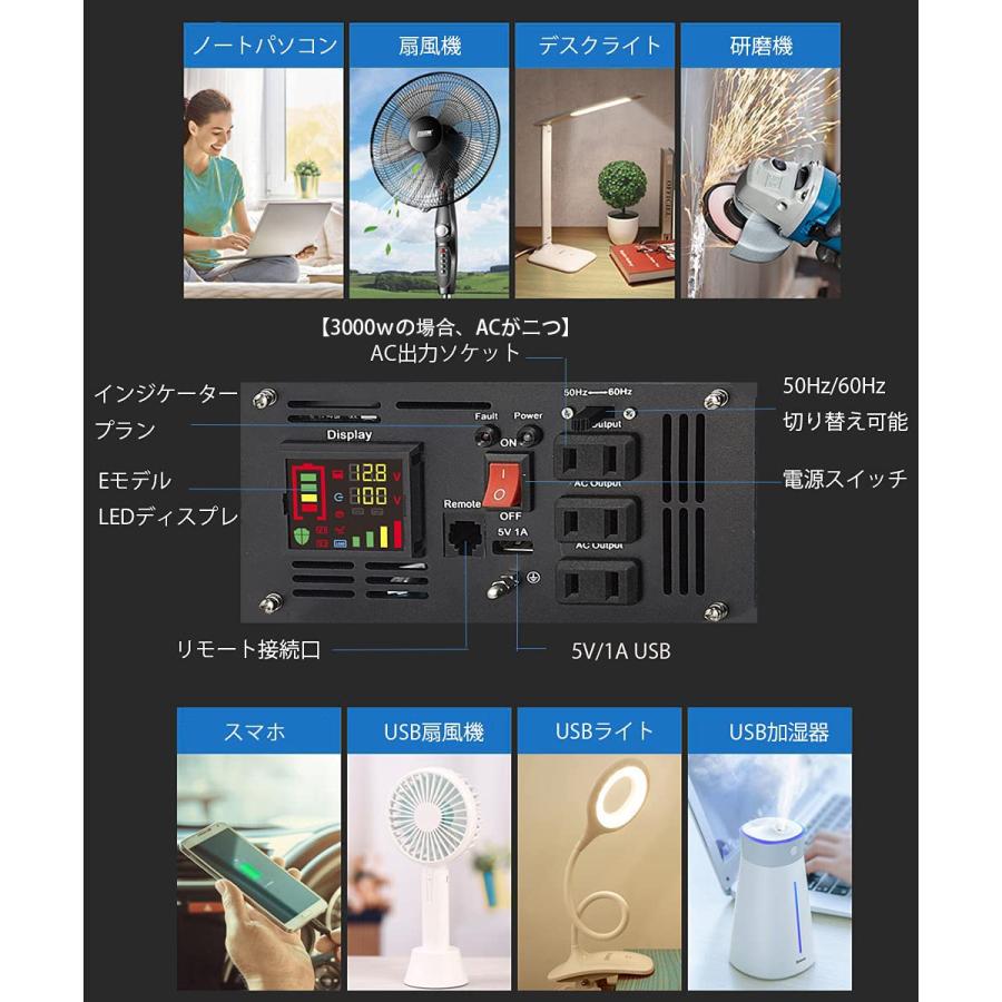 IKEMI インバーター 12v 正弦波 2000w 24v 100v 50/60HZ切替 DC AC 5m 
