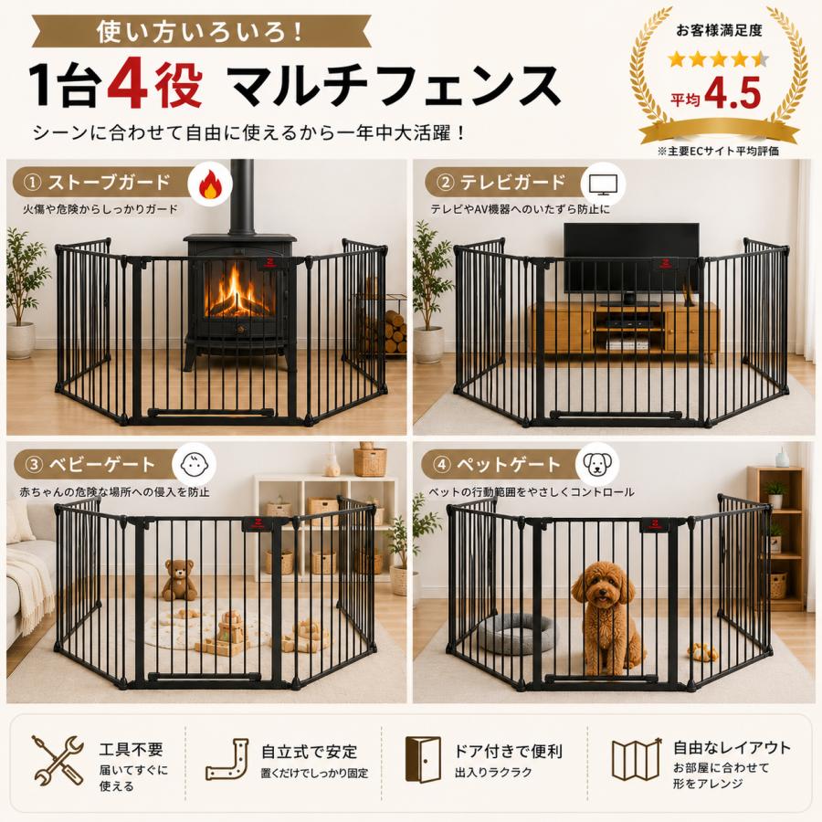 Homemi 犬 柵 室内 ゲート 置くだけ フェンス 自立 ストーブガード