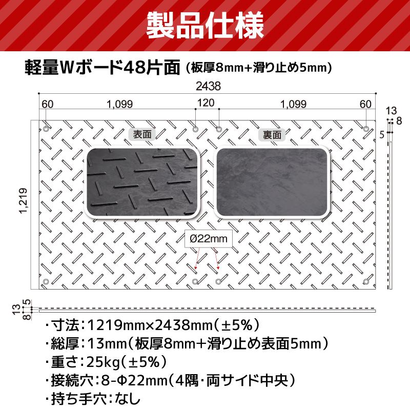 敷板 プラスチック 樹脂敷板 Wボード48 板厚8mm 滑り止め片面 黒 緑 灰 1枚 4尺×8尺 1,219mm x 2,438mm 25kg 敷鉄板 プラシキ 駐車場 仮設｜shikiita-net｜05