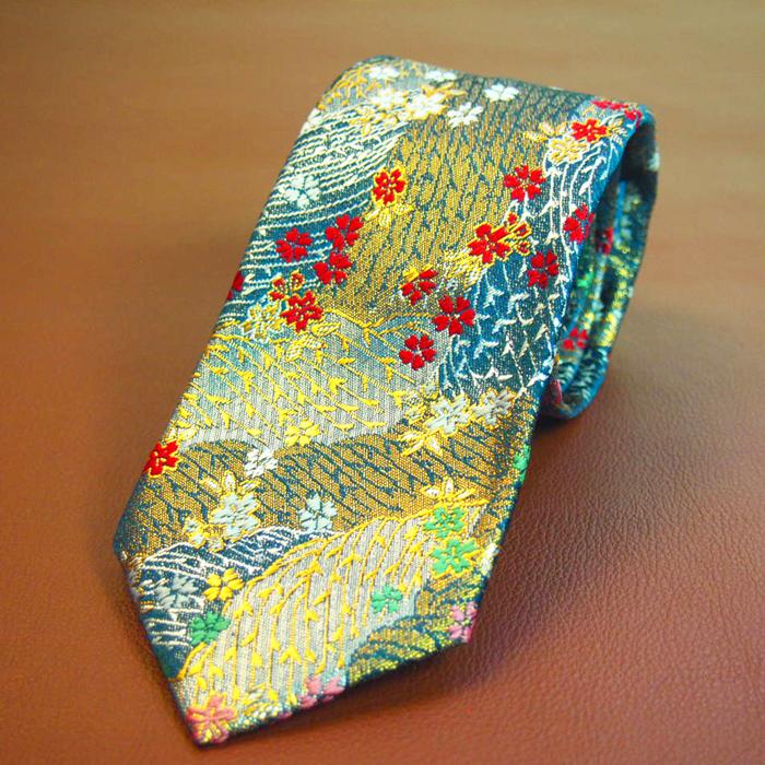 高級金襴布の ネクタイ 和柄 一本一本 ハンドメイド 日本製 （青金襴 