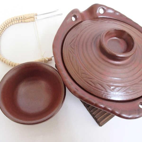 土瓶蒸し 器 セット 鉄赤平形土瓶むし 直火可 万古焼 業務用 26d16806