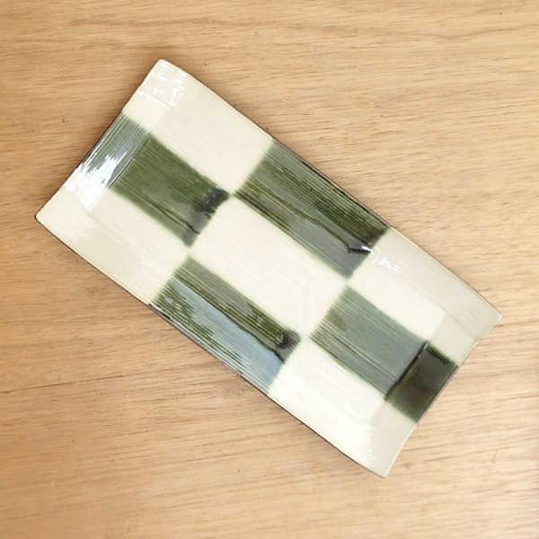 皿 織部市松焼物皿 長角皿 24cm おしゃれ 和食器 業務用 美濃焼