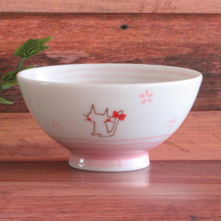 リボン柄 ホワイト ピンク 飯碗 子供用 ご飯茶碗 陶器 リボン猫ピンク茶碗 おしゃれ 和食器 業務用