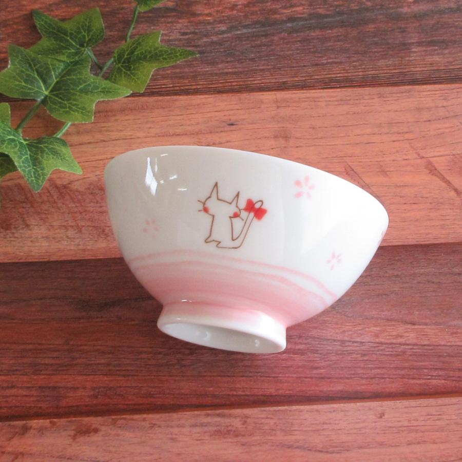 子供用 ご飯茶碗 陶器 リボン猫ピンク茶碗 おしゃれ 和食器 業務用