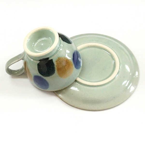 沖縄工芸品 琉球漆器 コーヒーカップ &ソーサー ペアセット スプーン付き 美品 コーヒーカップ ソーサー 琉球三彩 ブルー やちむん風 和陶器 おしゃれ