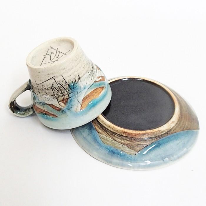 コーヒーカップ ソーサー 二色線刻 青 陶器 おしゃれ 業務用 美濃焼