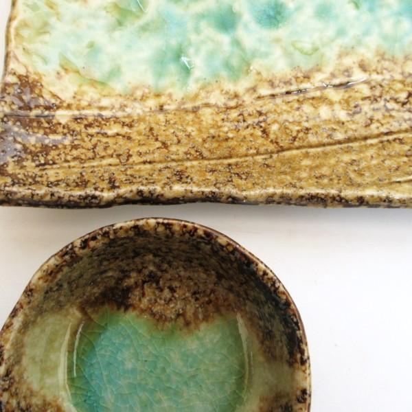刺身皿 醤油小皿 セット 緑彩流 長角刺身鉢 丸千代口 おしゃれ 刺身皿 醤油小皿 セット 緑彩流 長角刺身鉢 丸千代口 おしゃれ