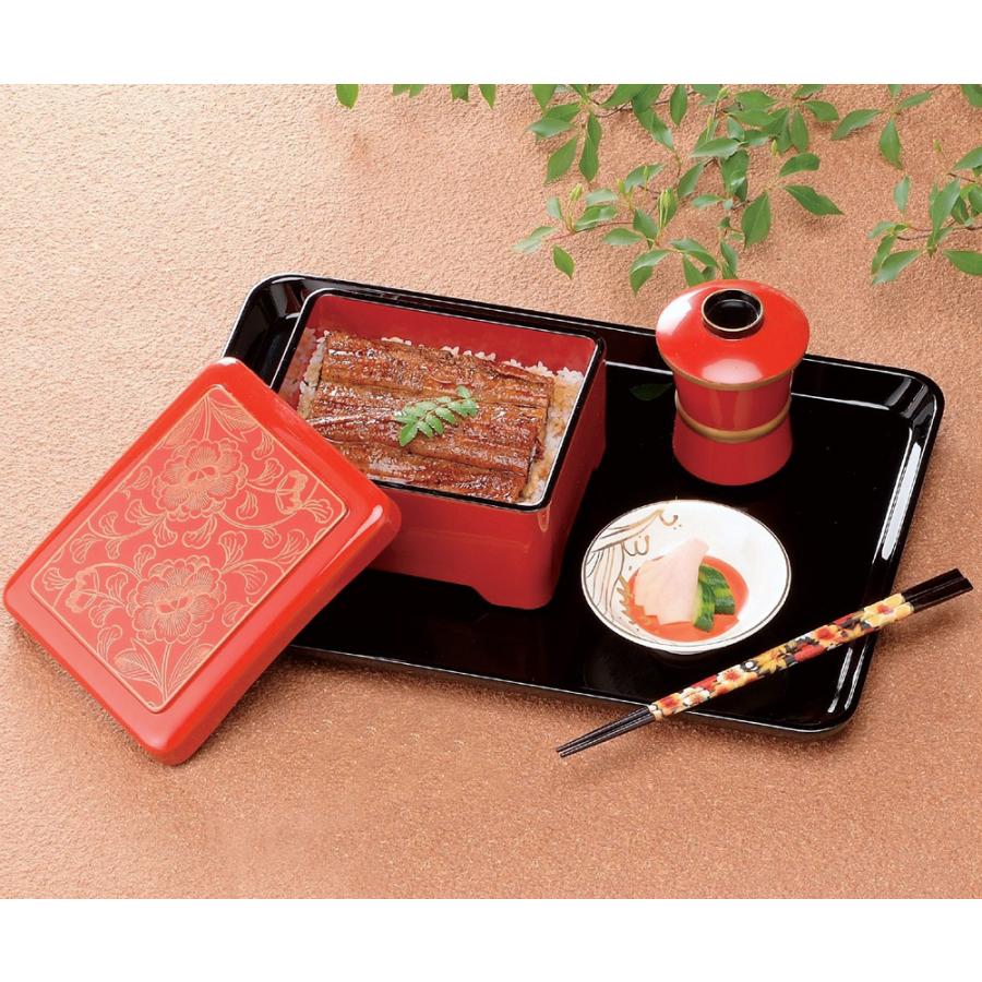 【5個セット　再出品その三】赤い漆器 重箱 蓋付き（鰻の長焼用）新品•未使用 うな重 新光月丼重 吟朱内朱 うなぎ 重箱 器 容器 ひつまぶし 鰻 日本