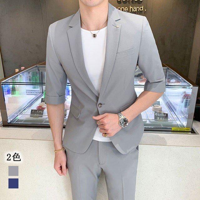 夏メンズスーツ ビジネススーツ 無地 薄手 2点セット サマー 5分袖紳士服 2ピース 背広 パーティー用 ビジネス 結婚式 フォーマルスーツ ブラックフォーマル 色 グレー Www Geminicorp Be