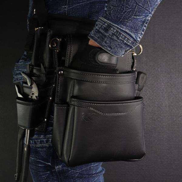 フジ矢 黒金 2段薄型腰袋&2段工具差しセット（AB-32BG/AH-62BG） フジ矢 黒金 Light PU Leather シリーズ 腰袋薄型2段 AB-32BG