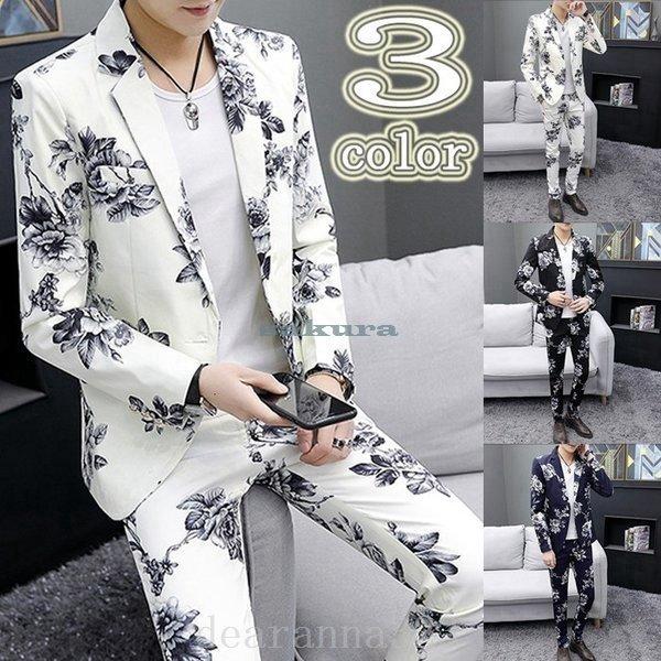 カジュアルスーツメンズセットアップサマースーツおしゃれサマージャケット花柄派手テーラード長袖スキニーパンツ上下紳士服成人式 Dea メンズファッション スーツ フォーマル Shimacon ファッション Store