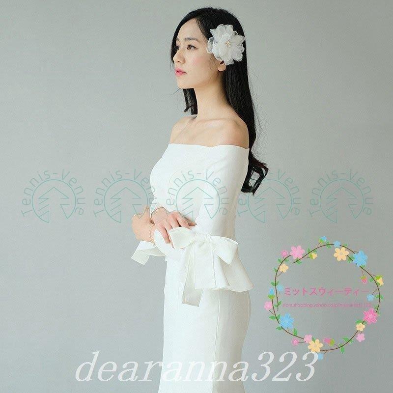 人気ブラドン ウエディングドレスフォトウェディングリゾートウェディングブライダル撮影海外挙式ウェディングドレススレンダーオフショルダー袖あり結婚式二次会 マーメイドライン サイズ S