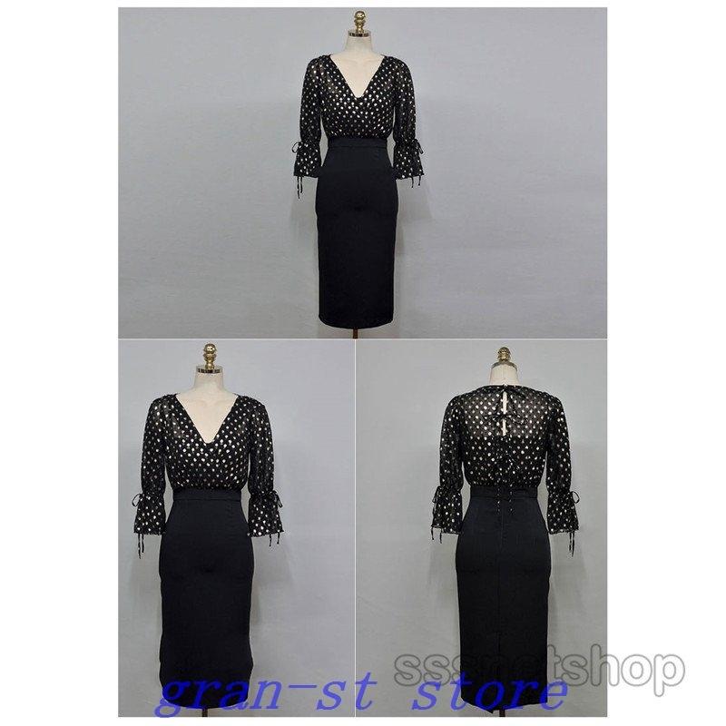 おすすめ ワンピースｖネックレディースレトロドット柄膝丈7分袖切り替えヒップラップスリムファションお出かけオトナ22新作フェミニン ワンピース サイズ S Www We Job Com
