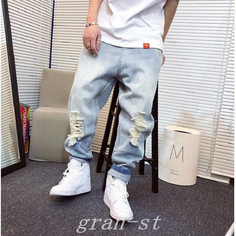 柔らかい メンズデニムパンツジーパンダメージ加工ワイドホールジーンズボトムスダメージジーンズロングウォッシュド加工カジュアル ジーンズ デニム サイズ M