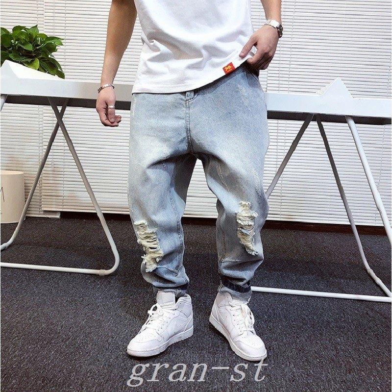 柔らかい メンズデニムパンツジーパンダメージ加工ワイドホールジーンズボトムスダメージジーンズロングウォッシュド加工カジュアル ジーンズ デニム サイズ M