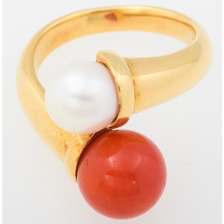K18 珊瑚・真珠 指輪 品番c23-339