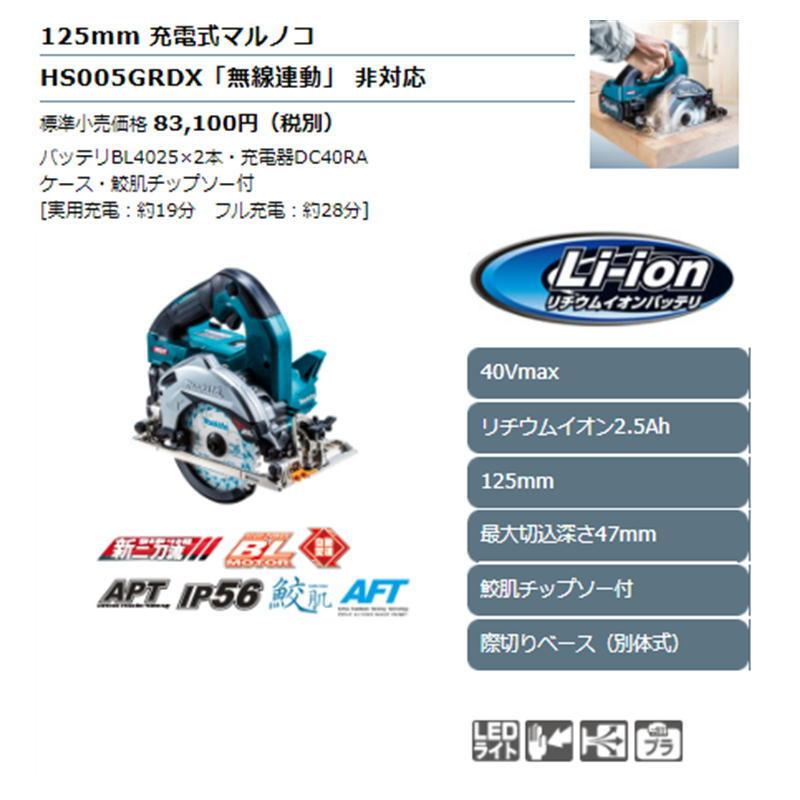 マキタ HS005GRDX(青) 125mm充電式マルノコ(鮫肌チップソー付 マキタ HS005GRDX(青) 125mm充電式マルノコ(鮫肌チップソー付