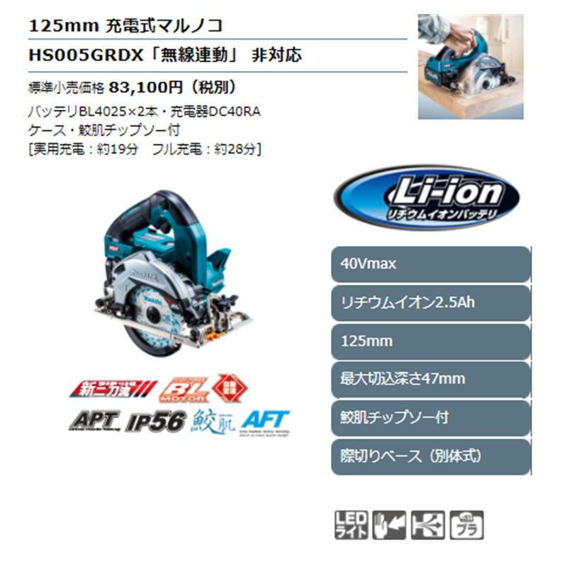 マキタ HS005GRDX(青) 125mm充電式マルノコ(鮫肌チップソー付) 40Vmax(2.5Ah) セット品  際切りベース(別体式)(無線非対応) コードレス