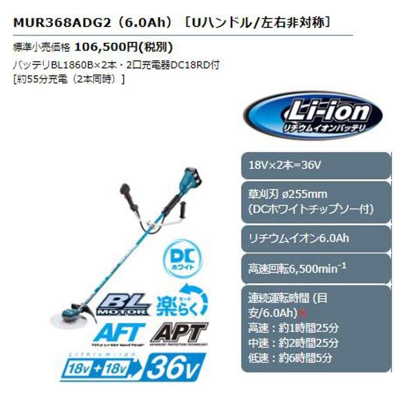 マキタ（makita） MUR368ADG2(Uハンドル/左右非対称) 充電式草刈機 36V